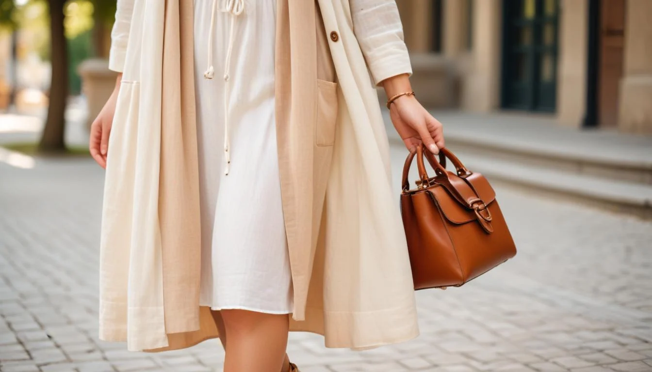 A woman wearing a white linen dress layered with a light beige cardigan and ankle boots, holding a small leather handbag.