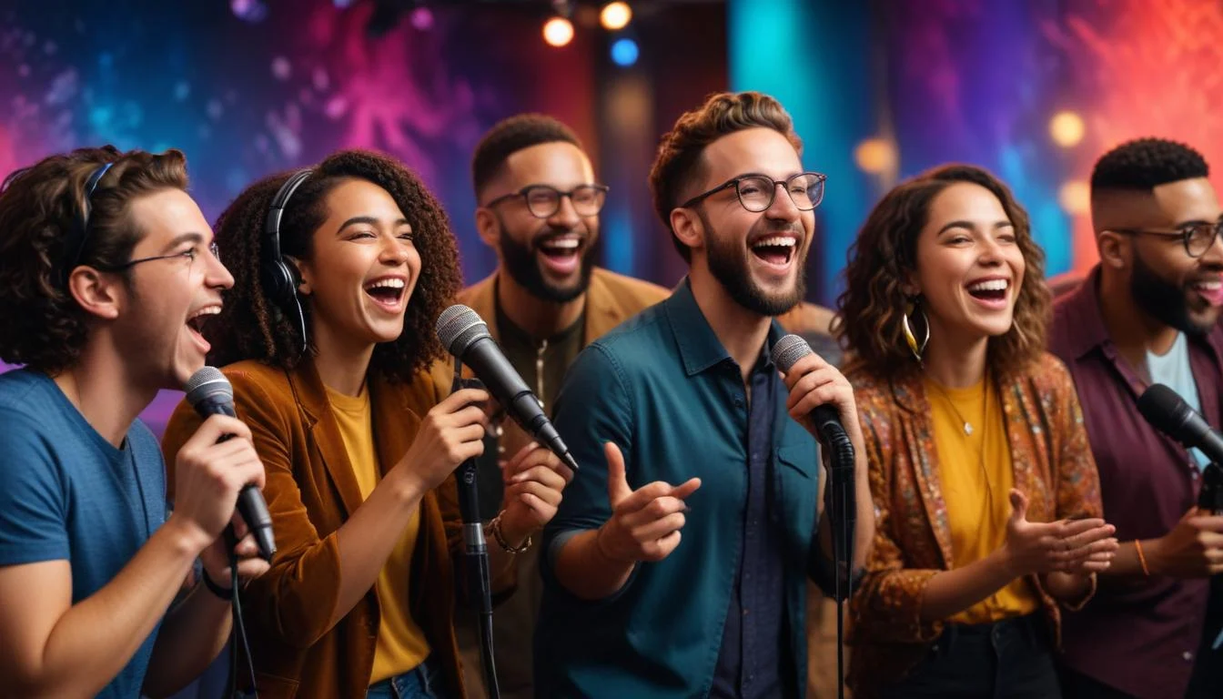 A diverse group of podcast hosts laughing and gesturing enthusiastically around microphones, with a modern, colorful background featuring abstract tech and pop culture elements.