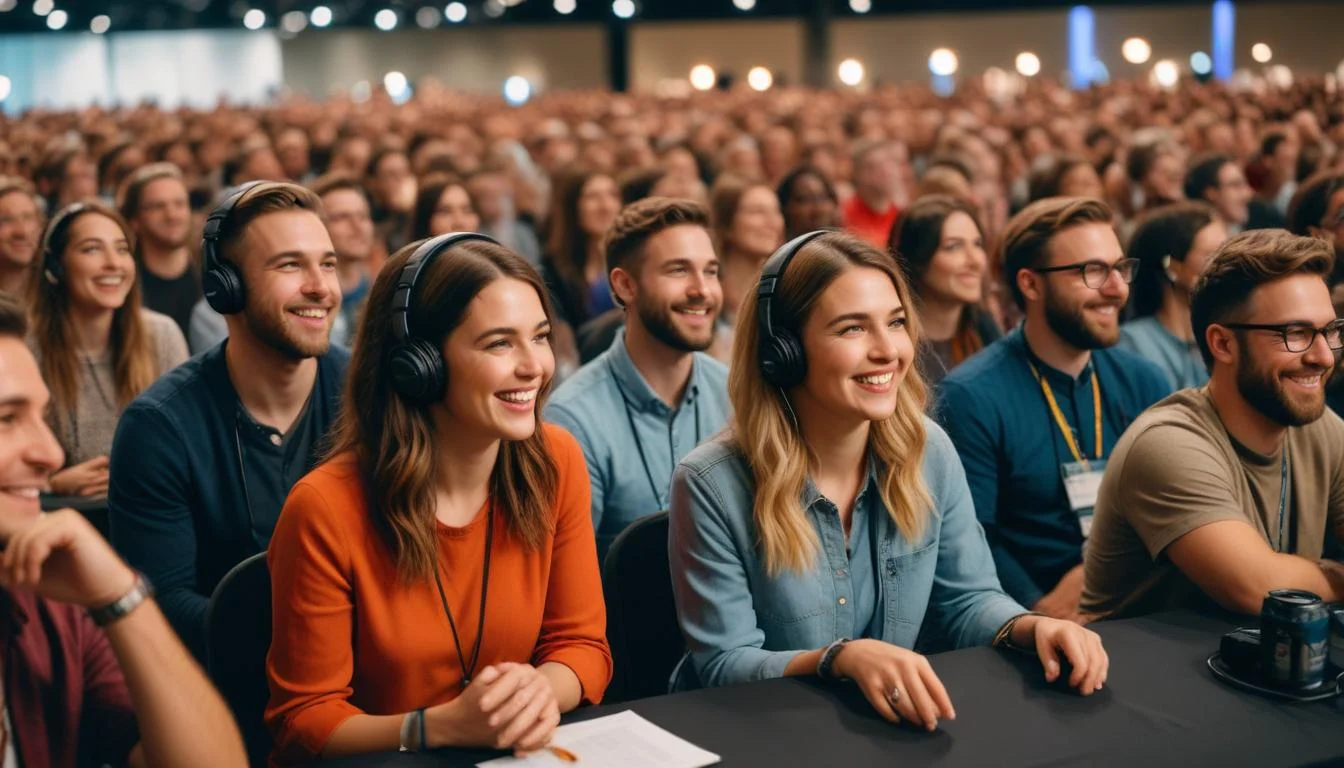A large group of enthusiastic podcast listeners gathered at a convention, smiling and interacting with podcast hosts behind a panel table.